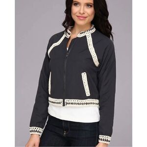 Free People Washed Black Crochet Inset Full zip cropped Baseball bomber Jacket